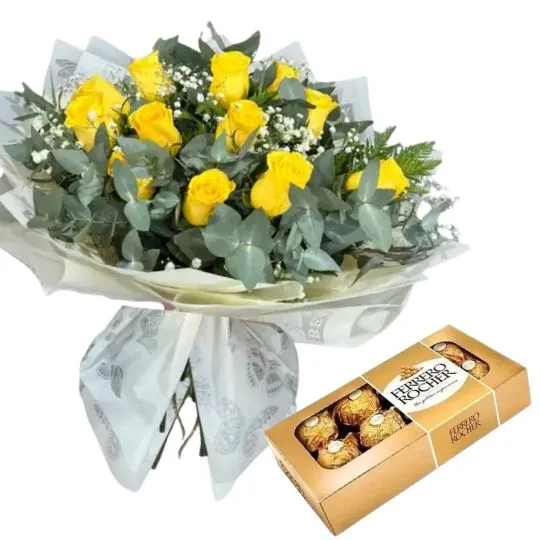 Ramo de 12 rosas amarillas importadas y rocher x8